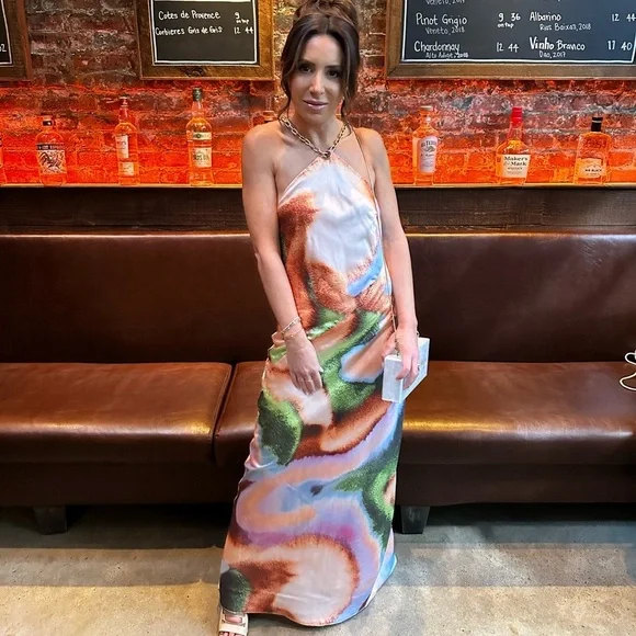 Printed colorful gown with fake gold chain straps size XS worn once - Picture 1 of 3